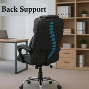 Black leather executive office gaming chair with blue spine graphic on backrest shown from back side