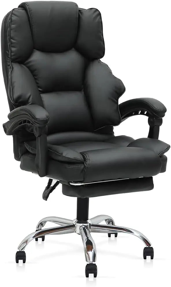 Black leather executive office gaming chair with padded lumbar support chrome base and adjustable height