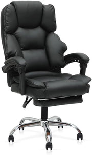 Black leather executive office gaming chair with padded lumbar support chrome base and adjustable height