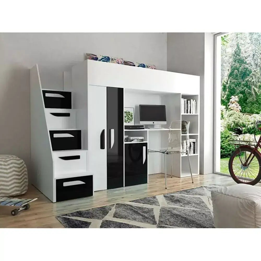 Farrar European Single Loft Bed in Black, Pink and Green Color