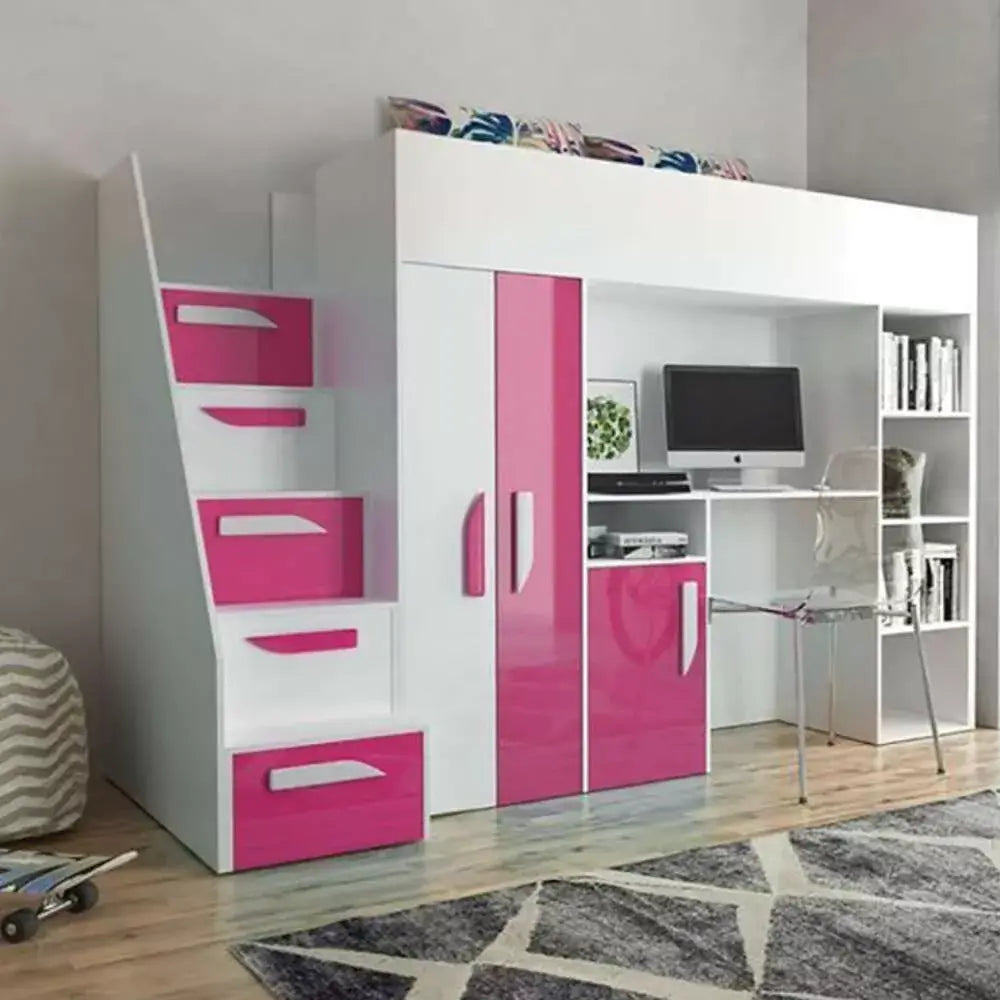 Farrar European Single Loft Bed in Black, Pink and Green Color