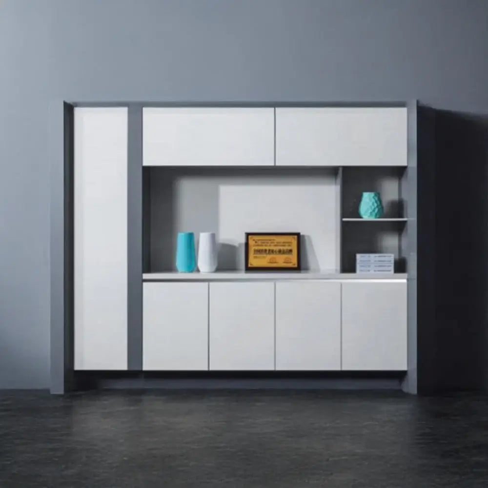 File Cabinet With 3-Shelves, 4-Door Cupboard And 2-Upper Cupboard, Elegant Glossy White Finish-GCC Home Center