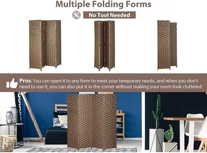 Foldable Hand-Woven Room Divider – 4 Panel Rattan Partition Screen, 200 x 180 cm – Privacy Separator for Bedroom, Office, Living Room, Hotel