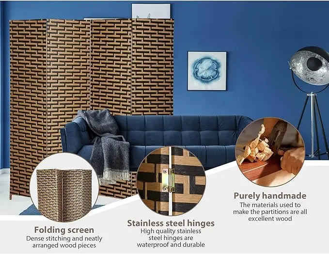 Foldable Hand-Woven Room Divider – 4 Panel Rattan Partition Screen, 200 x 180 cm – Privacy Separator for Bedroom, Office, Living Room, Hotel