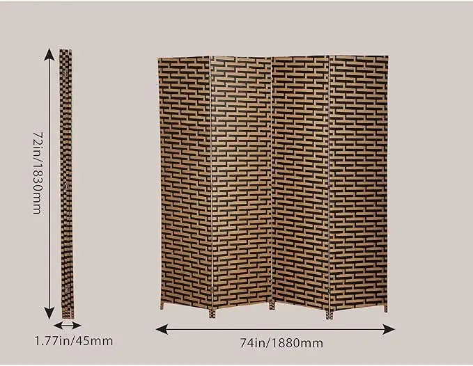 Foldable Hand-Woven Room Divider – 4 Panel Rattan Partition Screen, 200 x 180 cm – Privacy Separator for Bedroom, Office, Living Room, Hotel