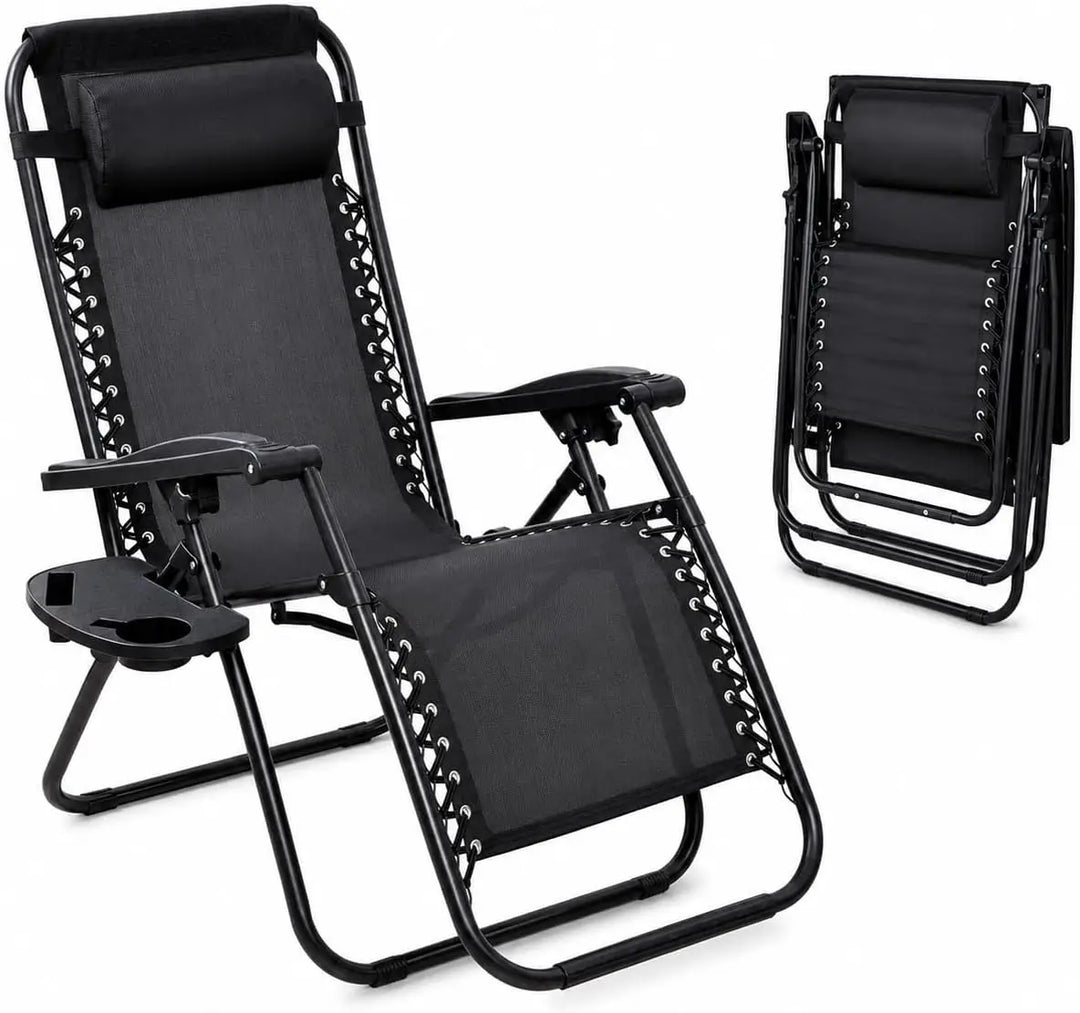 Foldable Outdoor Lounge Chair – Adjustable Camping & Beach Recliner with Pillows and Cup Holders for Poolside, Garden & Backyard**