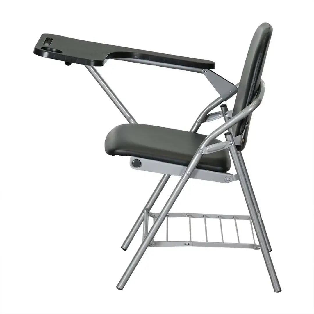 Black foldable student chair b208 with cushioned seat metal frame and attached writing tablet for space-saving use