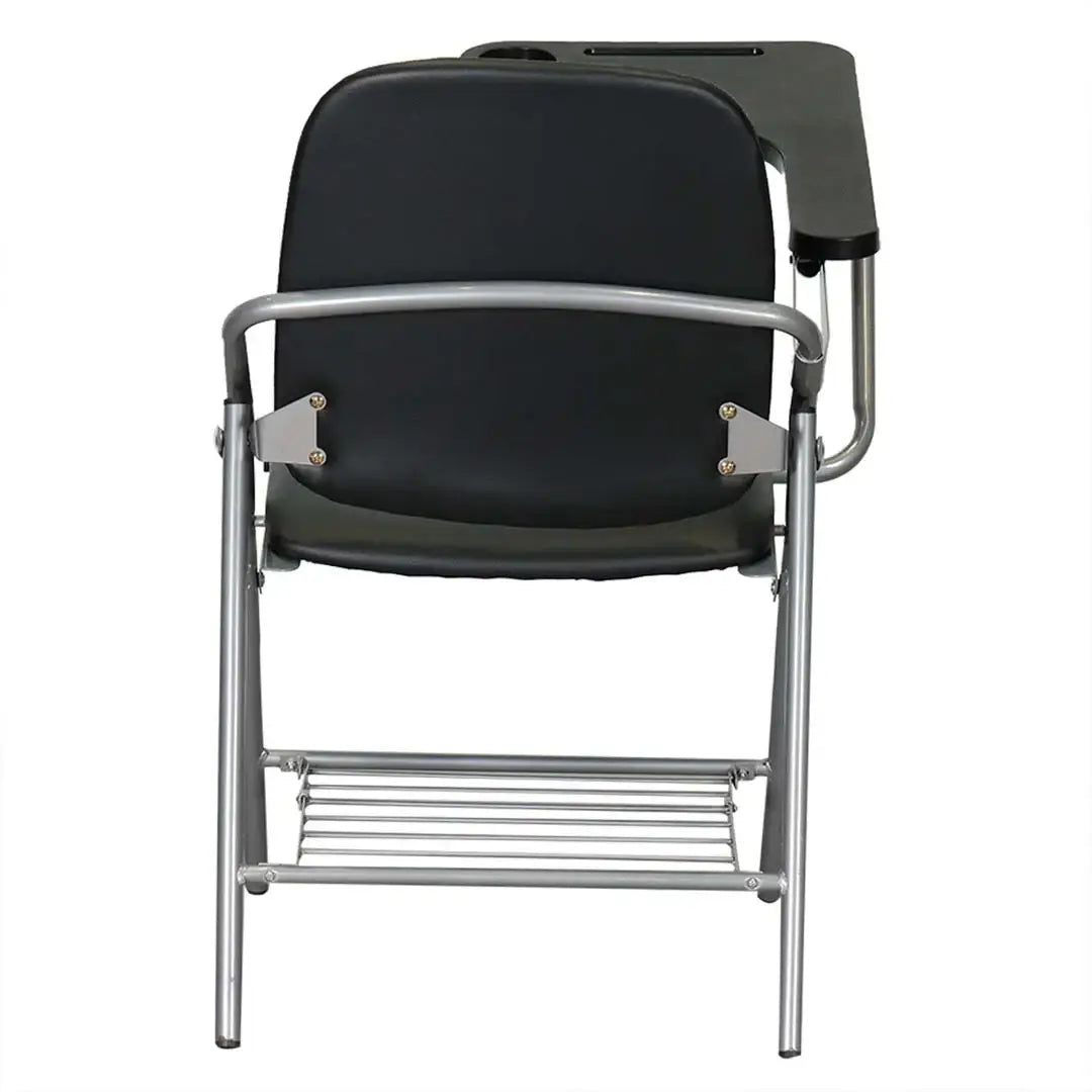 Foldable student chair B208 with black upholstered cushioned seat silver metal frame and attached armrest desk for writing