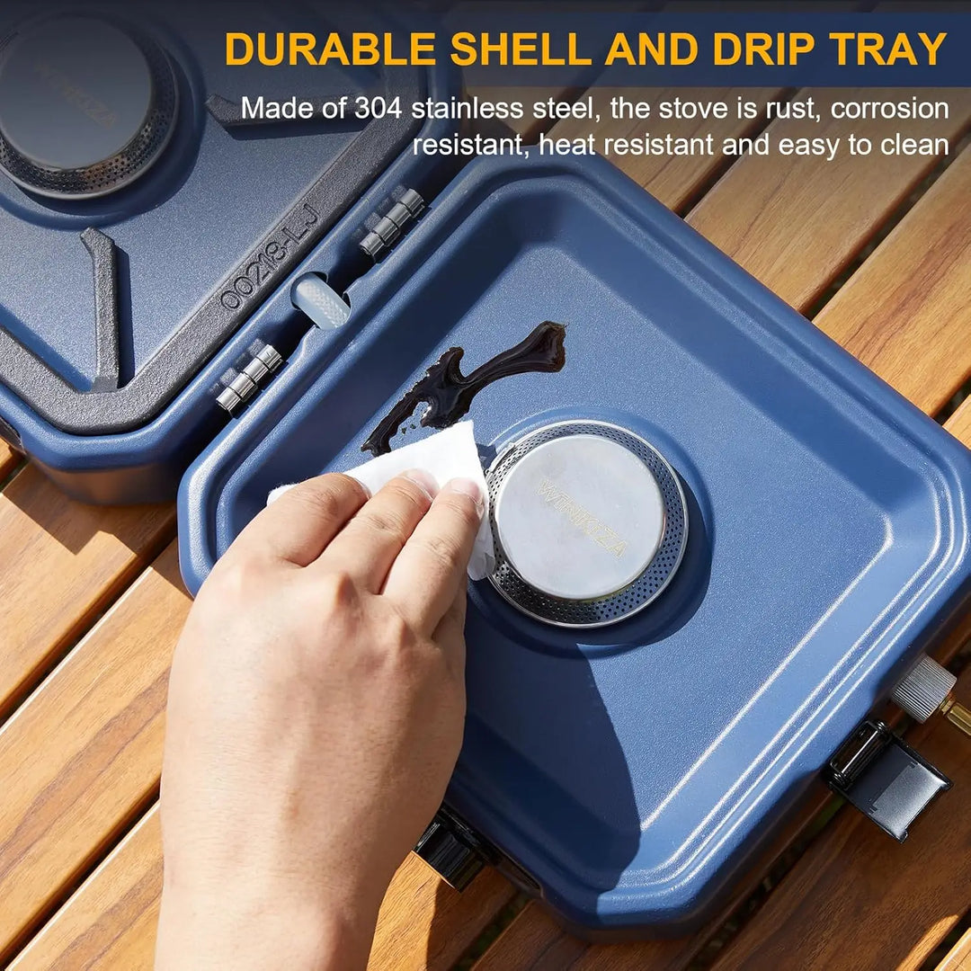 Folding Camping Stove, 2 Burner Propane Stove, Outdoor Gas Stove With Griddle Pan, Portable Folding Camp Stove with Push-Button Instant Ignition