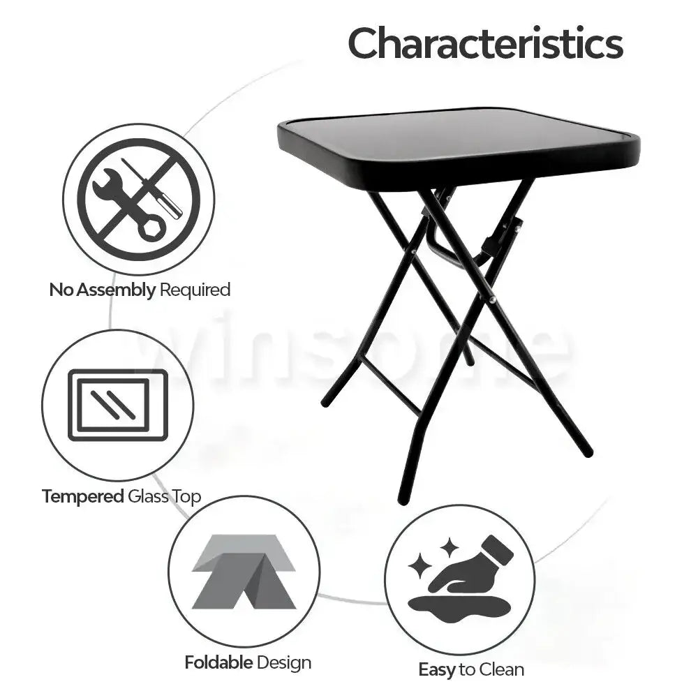 Folding Drinks Side Table, Outdoor Garden Table, Small Square Patio Table - Black with Tempered Glass Top-GCC Home Center