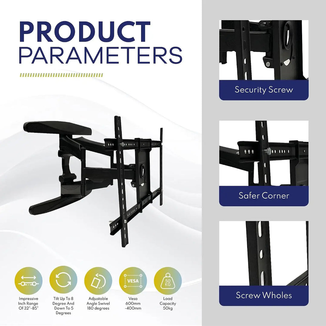 Full Motion TV Wall Mount for 40-85 Inch LED, LCD, OLED & Smart TVs | Heavy Duty Double Arm TV Bracket | Tilt +5°/-15°, Swivel 180°, Extends 57-517mm | Max VESA 600x400mm | Supports Up to 50kg