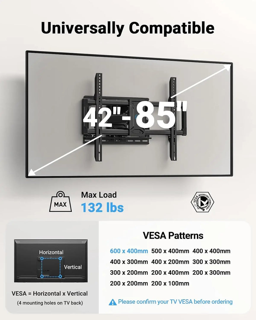 Full Motion TV Wall Mount for 42-85 inch Flat Screen LED TVs up to 132lbs, TV Mount Double Arm Tilt+5~-15° & Swivel ±45°, Max VESA 600x400mm, PILF12