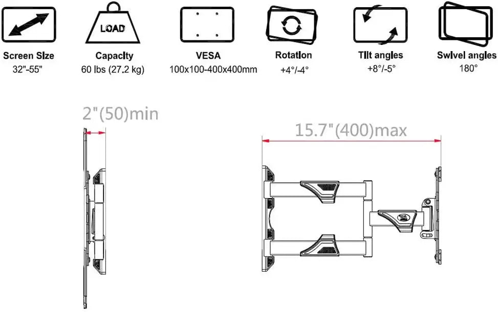 Full Motion TV Wall Mount for Most 32-55 Inch Computer Monitors and TVs, Adjustable Tilting, Rotating.Weight up to 60lbs (32" to 55")