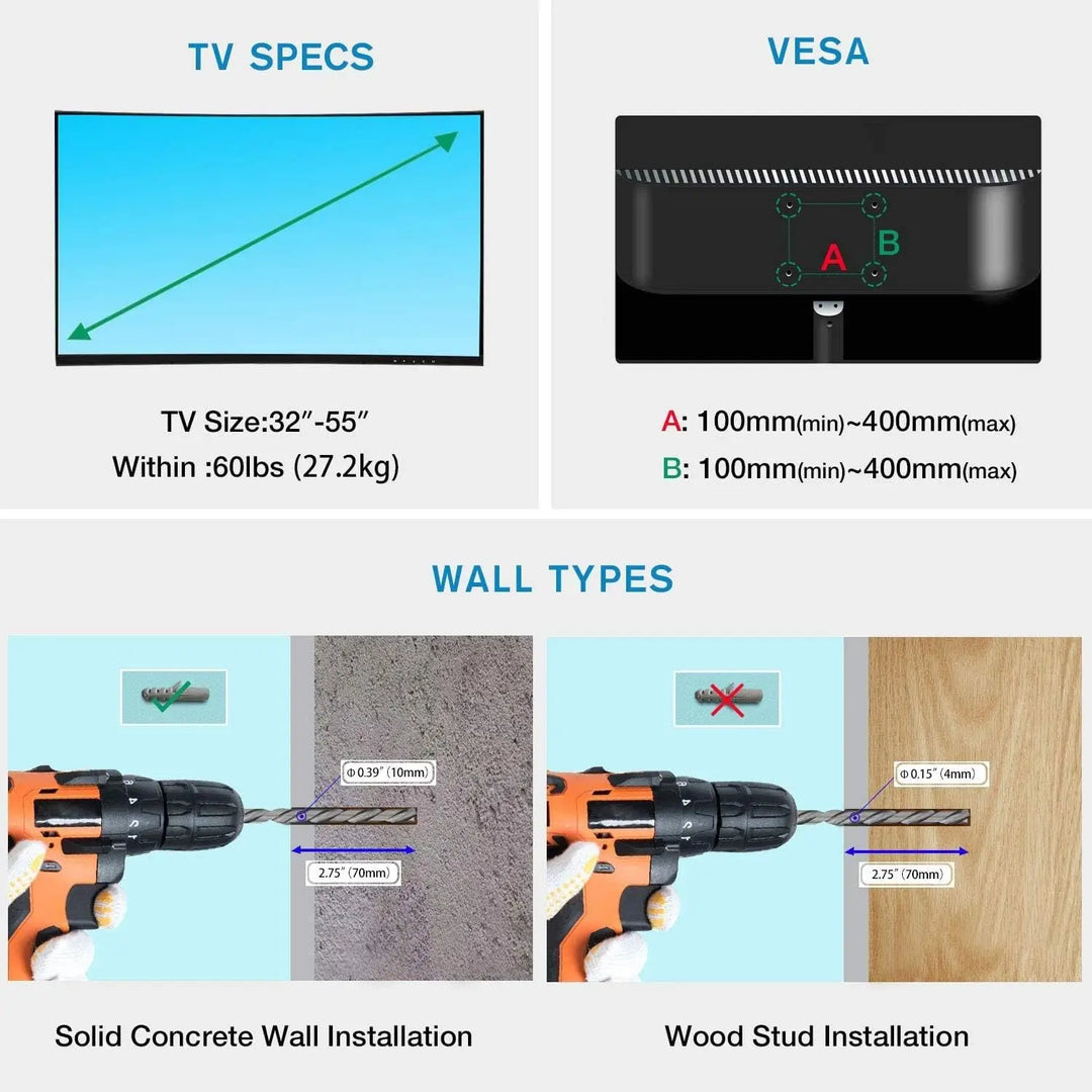 Full Motion TV Wall Mount for Most 32-55 Inch Computer Monitors and TVs, Adjustable Tilting, Rotating.Weight up to 60lbs (32" to 55")