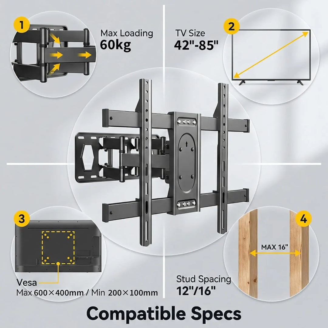 Full Motion TV Wall Mount for Most 42-85 inch Flat Screen/LED/4K,Swivel Tilt Extension Level Bracket with Dual Articulating Arms, Max VESA 600x400mm,Holds up to 132lbs,with Hole Drilling Template