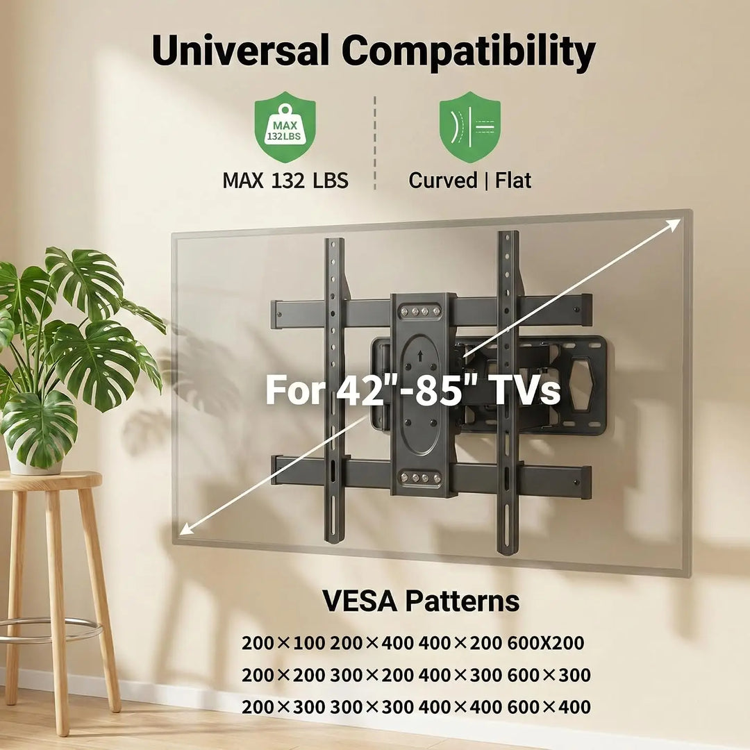 Full Motion TV Wall Mount for Most 42-85 inch Flat Screen/LED/4K,Swivel Tilt Extension Level Bracket with Dual Articulating Arms, Max VESA 600x400mm,Holds up to 132lbs,with Hole Drilling Template