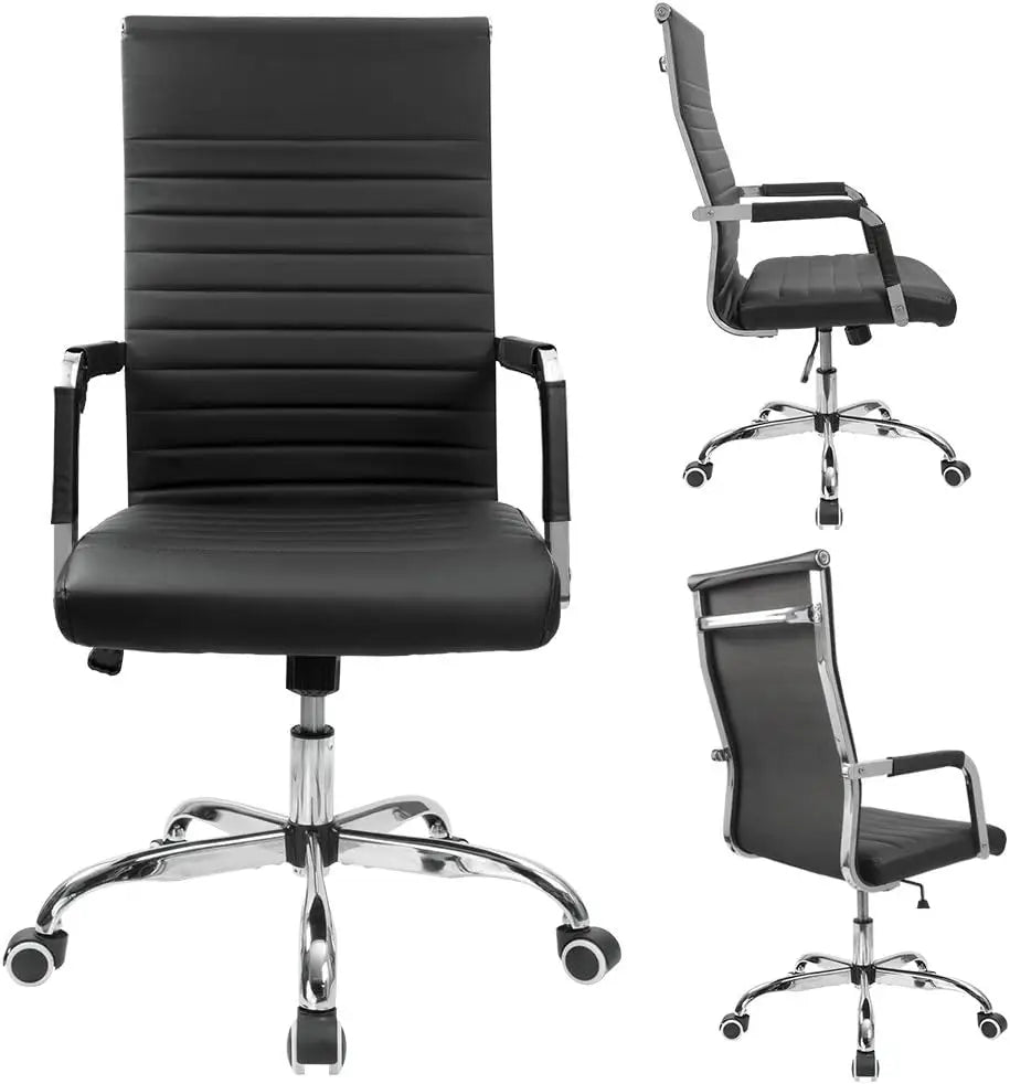 Furmax Ribbed Office Desk Mid-Back Pu Leather Executive Conference Task Adjustable Swivel Chair With Arms, Black