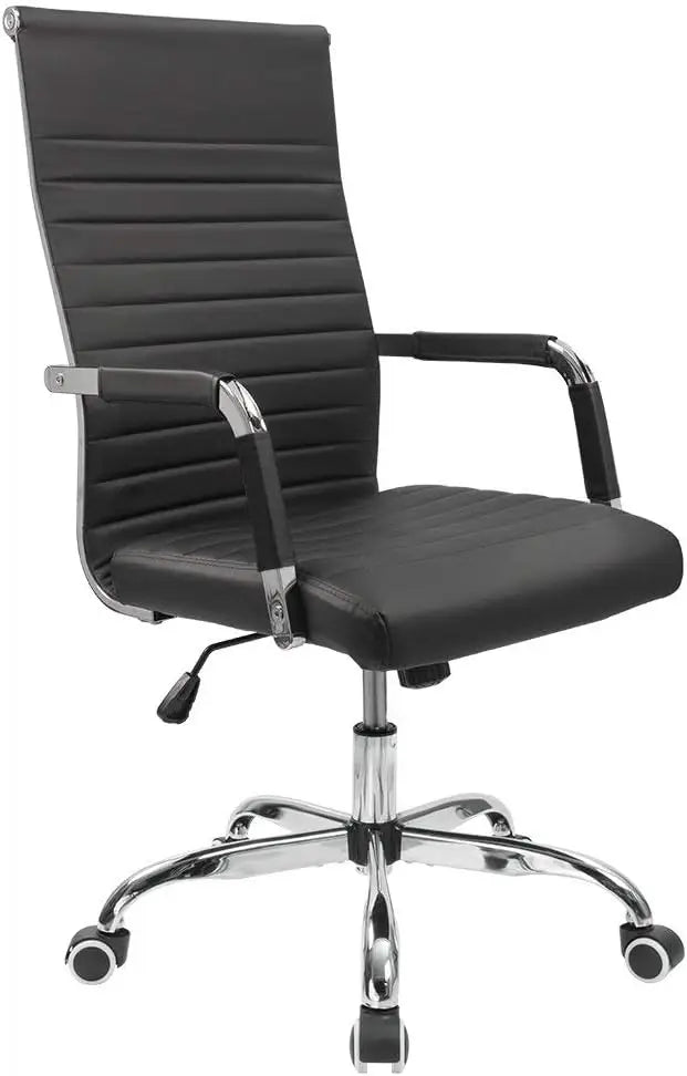 Furmax Ribbed Office Desk Mid-Back Pu Leather Executive Conference Task Adjustable Swivel Chair With Arms, Black