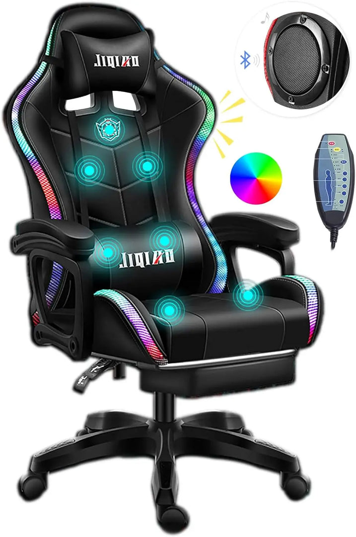 Gaming Chair LED Lights Racing Computer Chair Ergonomic Office Massage Chair with Massager Lumbar Support and Retractible Footrest Adjustment of Backrest, Full Massage, Bluetooth Speaker,Black