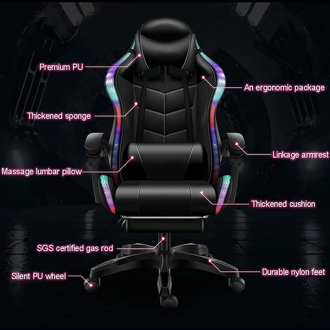 Gaming Chair LED Lights Racing Computer Chair Ergonomic Office Massage Chair with Massager Lumbar Support and Retractible Footrest Adjustment of Backrest, Full Massage, Bluetooth Speaker,Black