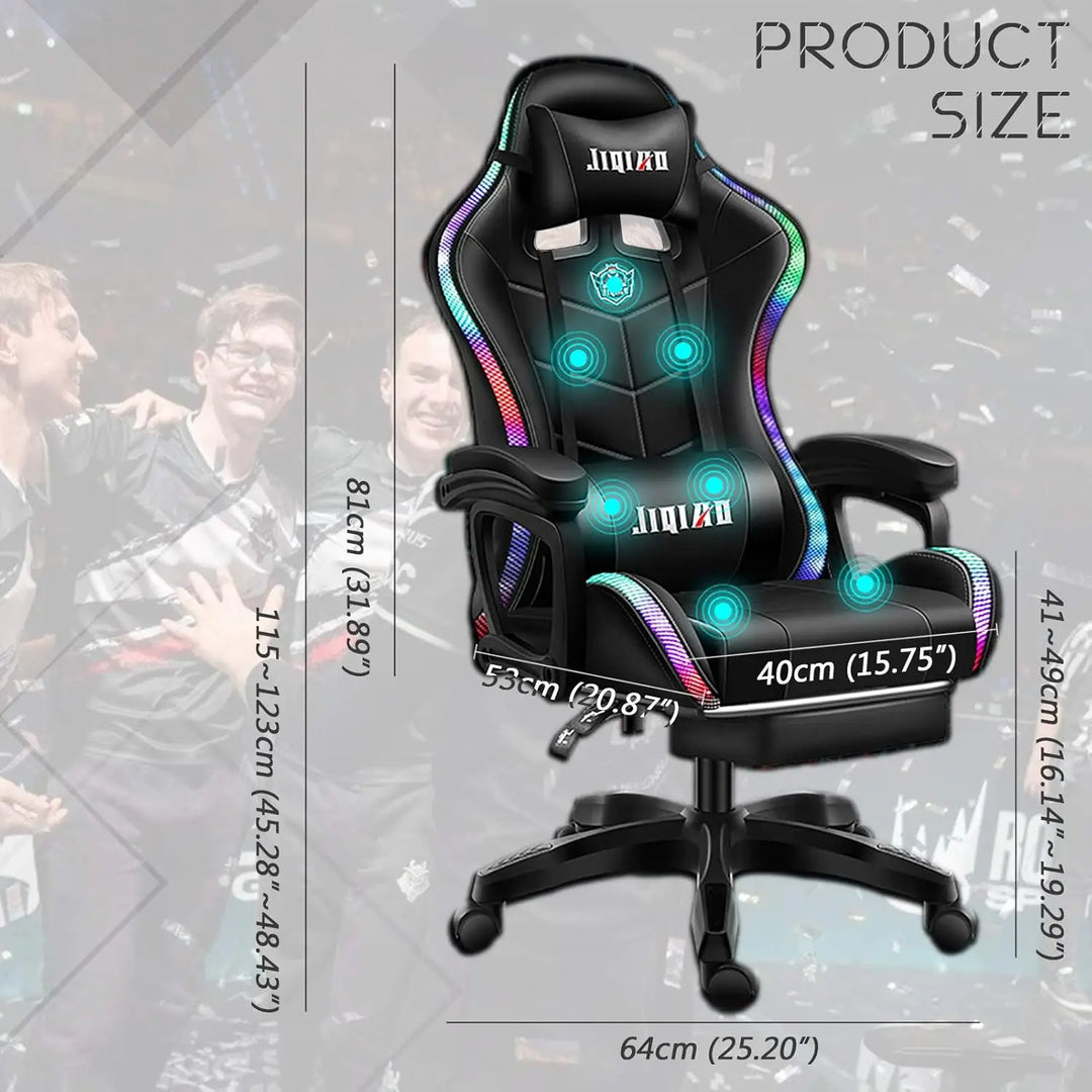 Gaming Chair LED Lights Racing Computer Chair Ergonomic Office Massage Chair with Massager Lumbar Support and Retractible Footrest Adjustment of Backrest, Full Massage, Bluetooth Speaker,Black