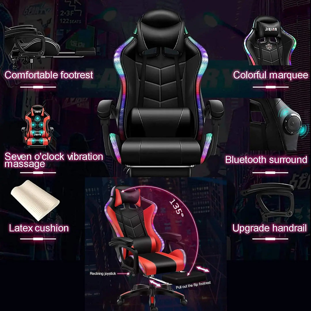 Gaming Chair LED Lights Racing Computer Chair Ergonomic Office Massage Chair with Massager Lumbar Support and Retractible Footrest Adjustment of Backrest, Full Massage, Bluetooth Speaker,Black
