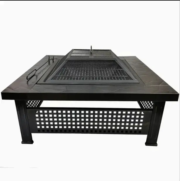 Garden Fire Pit Charcoal BBQ Table Outside Wood Burning Heater Square Stove Black