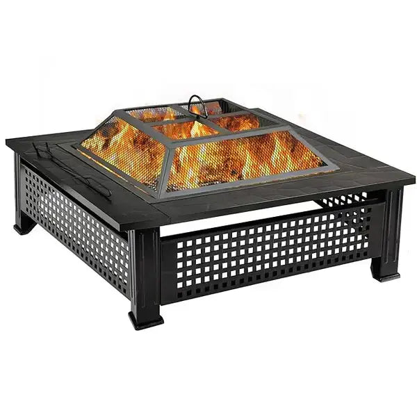 Garden Fire Pit Charcoal BBQ Table Outside Wood Burning Heater Square Stove Black