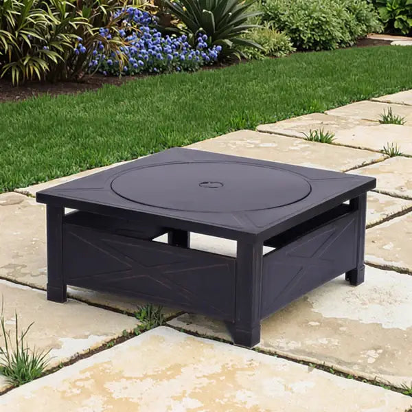 Garden Fire Pit Charcoal BBQ Table Outside Wood Burning Heater Square Stove Black
