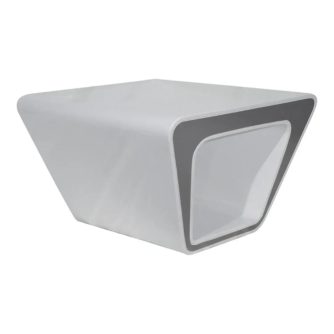 Modern white and gray geometric coffee table with durable high density fiber construction and waterproof heat resistant finish