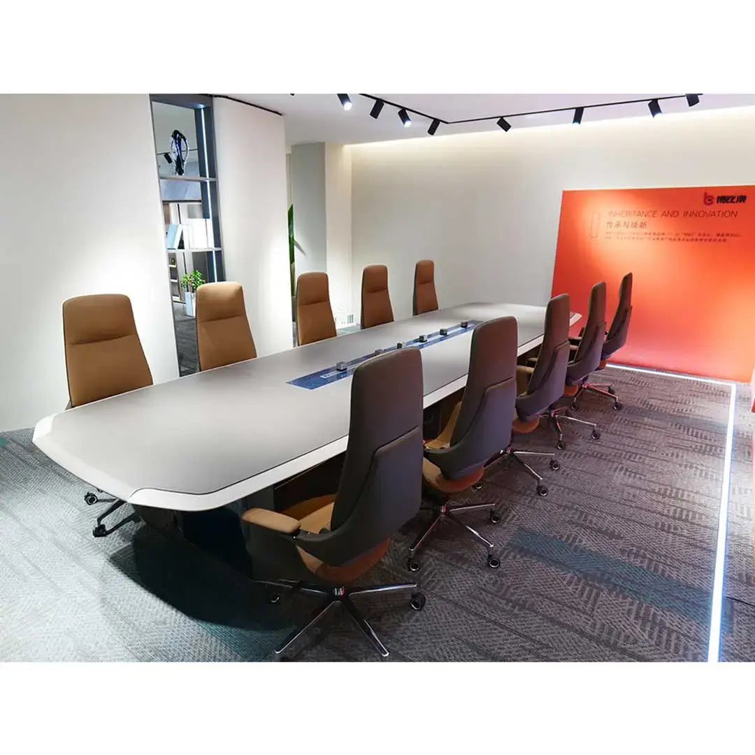 Long white grey office meeting table bb01-mt01 with sleek modern design blue accent strip power railing and hd fiber
