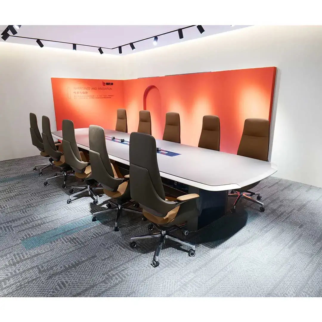 Modern grey office meeting table bb01-mt01 with sleek white surface dark base power railing and ergonomic brown leather chairs