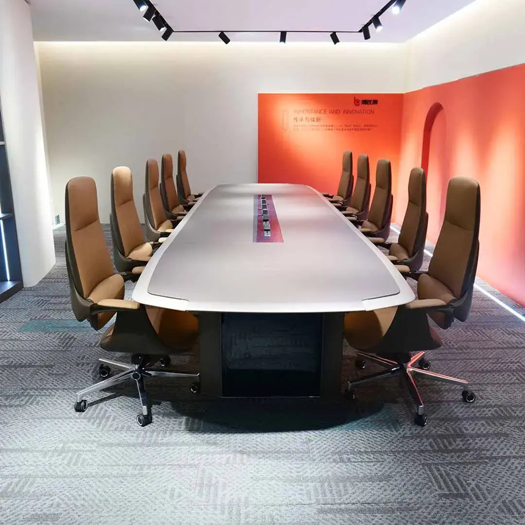 Long white grey office meeting table bb01-mt01 with sleek black base power railing and high-density fiber durability