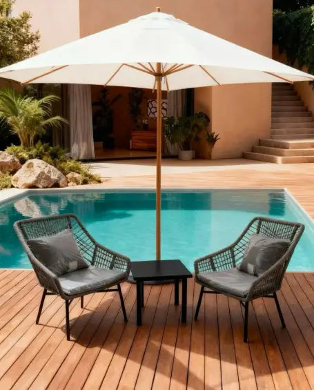 Grey Rope Outdoor Balcony Chair Set with Black Table, Weather-Resistant Patio Furniture for Poolside, Garden & Villa, Luxurious & Comfortable Outdoor Seating