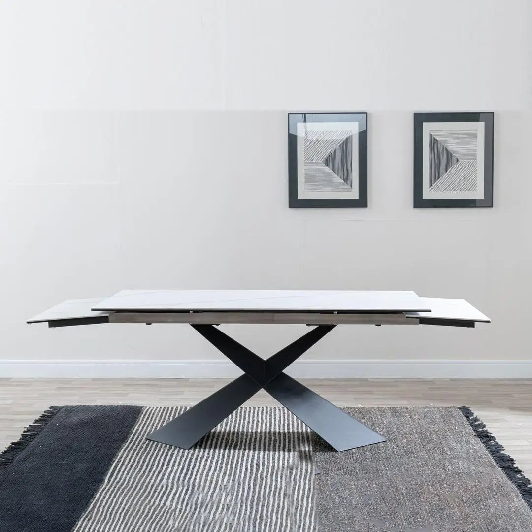 Hayden White Ceramic 4-8 Seater Extending Dining Table with Black Cross Base-GCC Home Center