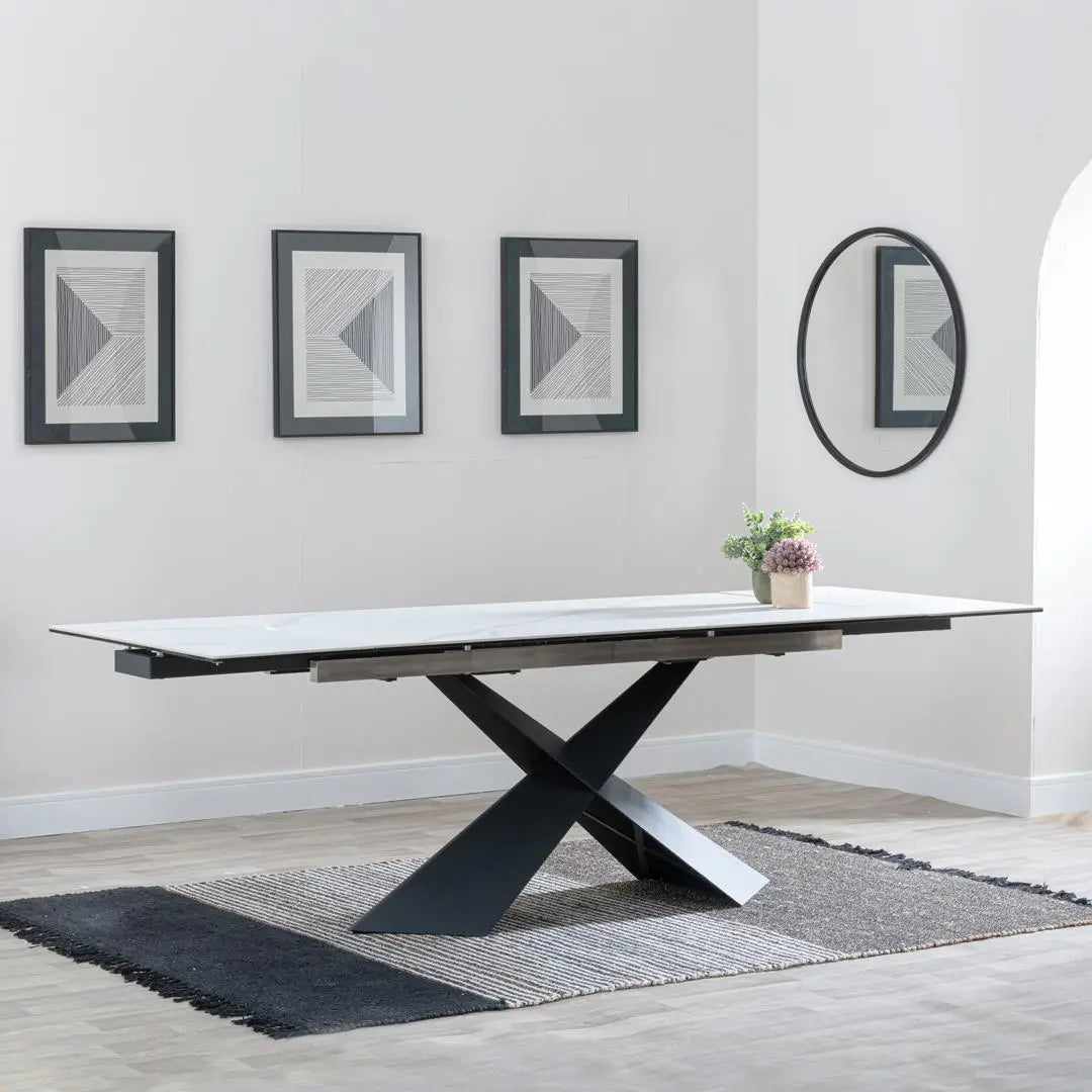 Hayden White Ceramic 4-8 Seater Extending Dining Table with Black Cross Base-GCC Home Center