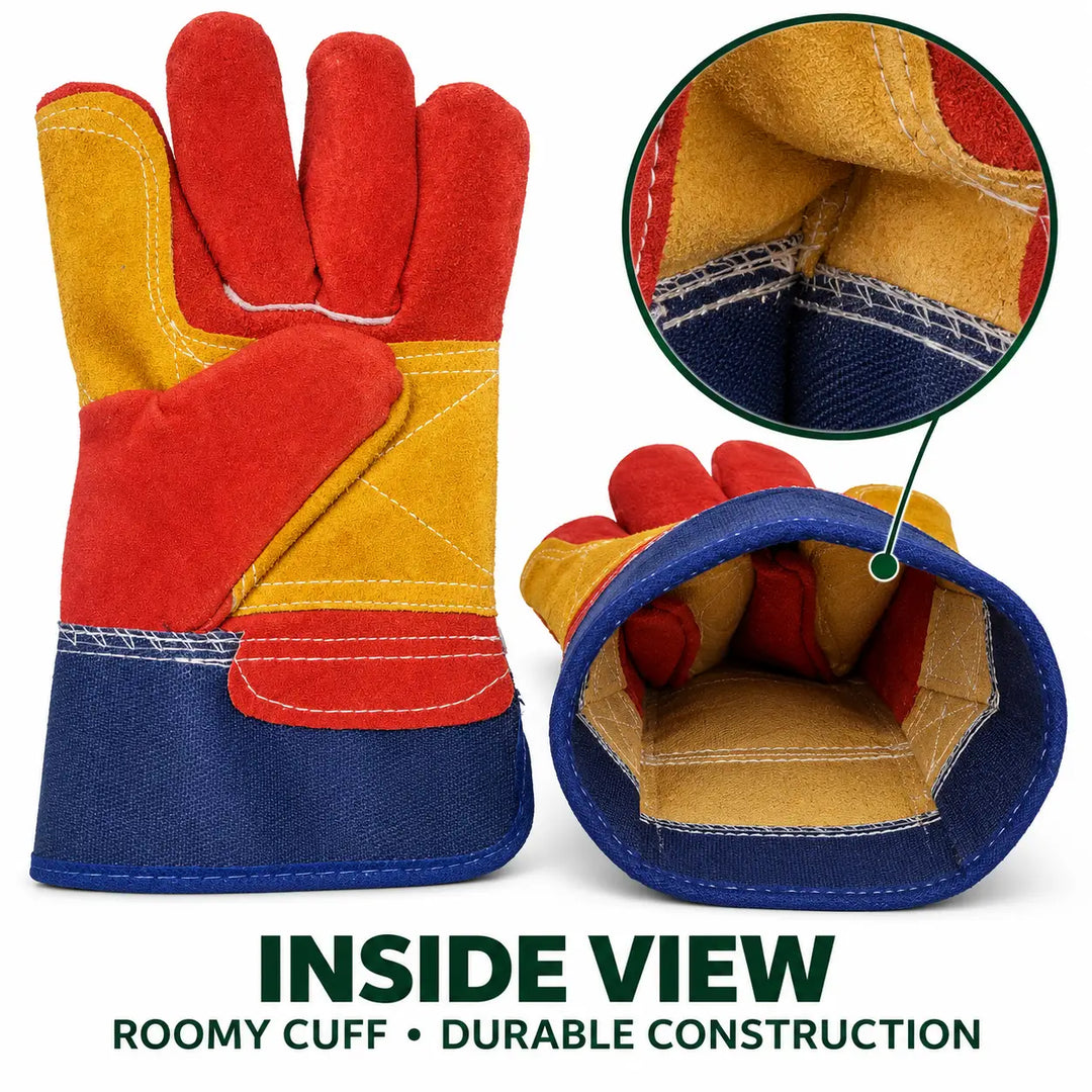 Heavy Duty Split Leather Work Gloves – Double Gun Palm, Reinforced Thumb, Mixed Colours, 120 Pairs Carton