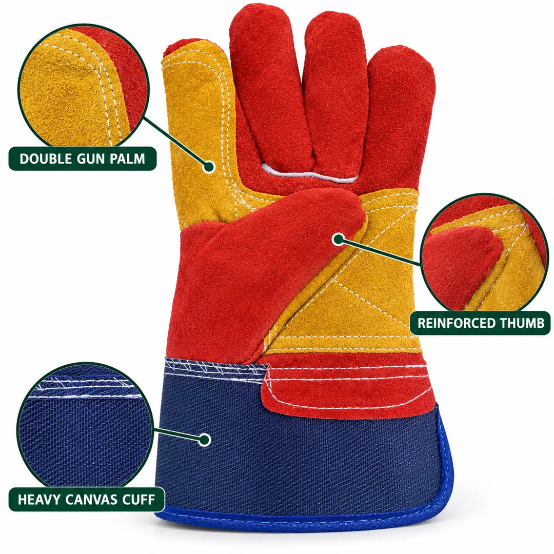 Heavy Duty Split Leather Work Gloves – Double Gun Palm, Reinforced Thumb, Mixed Colours, 120 Pairs Carton