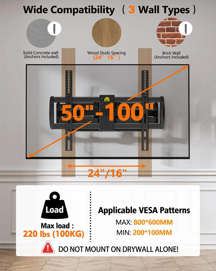 Heavy Duty TV Wall Mount for 42-110" TVs up to 220lbs with 8.2" Sliding Moving for Screen Centering, Full Motion TV Mount Fit 24"-16" Studs with Swivel,Tilt&Level, Max VESA 800x600mm