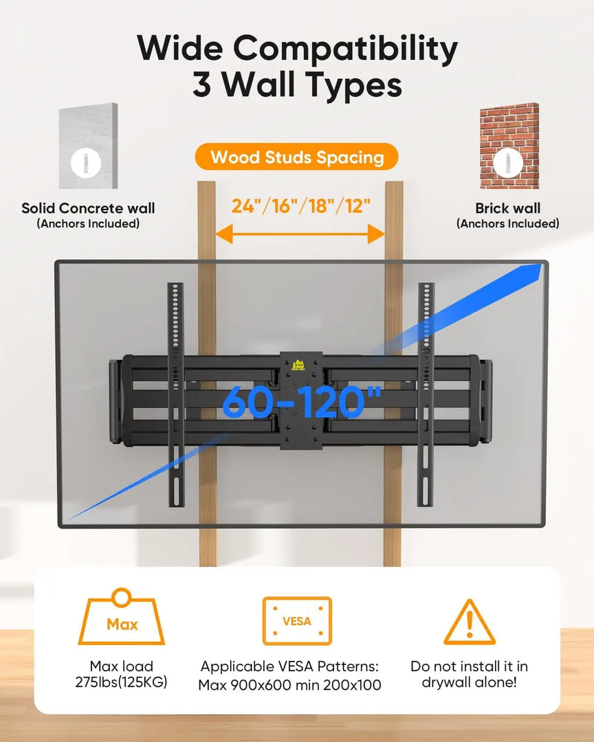 Heavy Duty XXL Full Motion TV Wall Mount for 55-120 inch Extra Large TVs 98" 100",Holds 275 lbs, Max VESA 900x600, 42.9" Extension Long Arm TV Mount Swivel,Tilt,Preassembled,16-24” Studs
