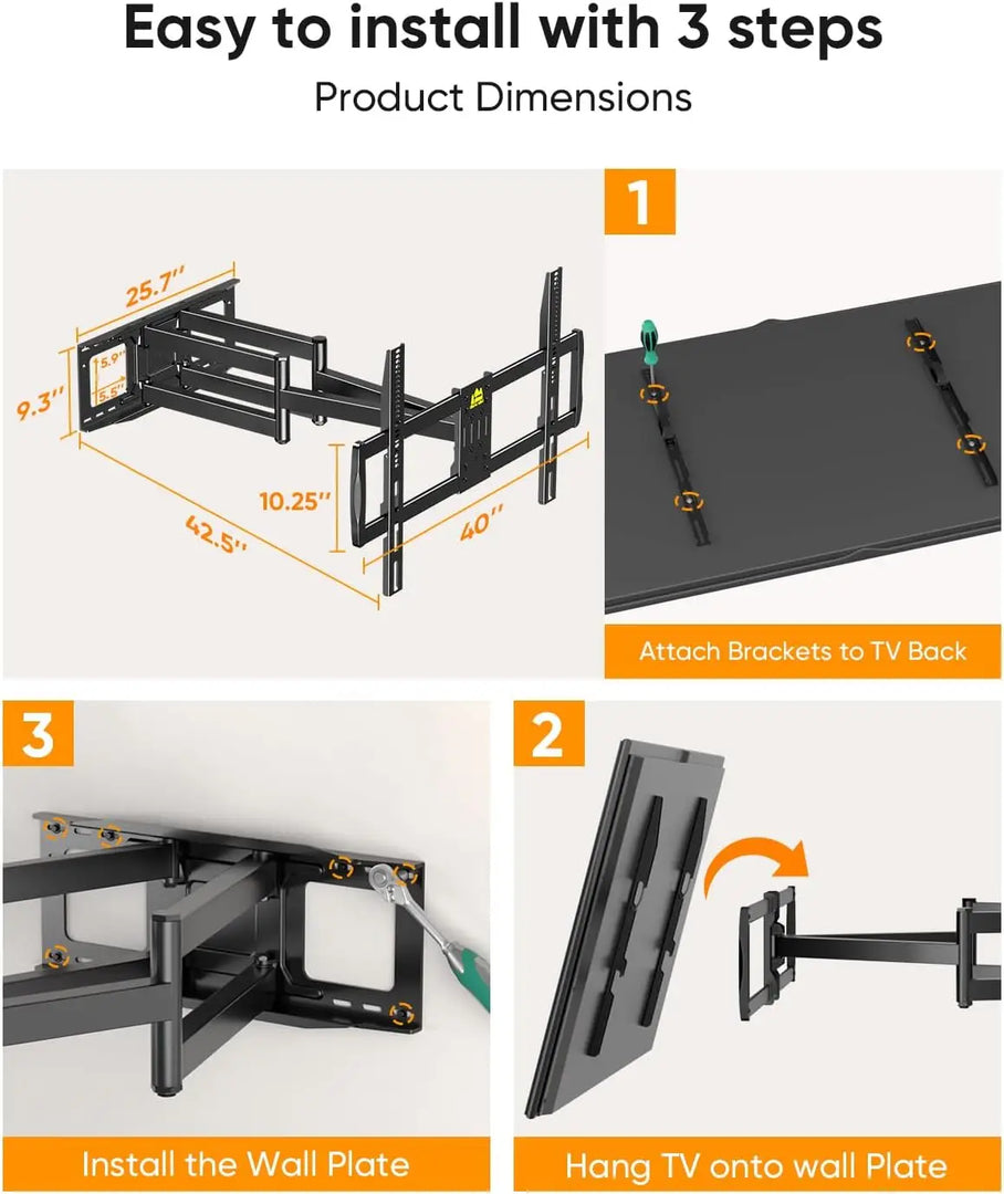 Heavy Duty XXL Full Motion TV Wall Mount for 55-120 inch Extra Large TVs 98" 100",Holds 275 lbs, Max VESA 900x600, 42.9" Extension Long Arm TV Mount Swivel,Tilt,Preassembled,16-24” Studs