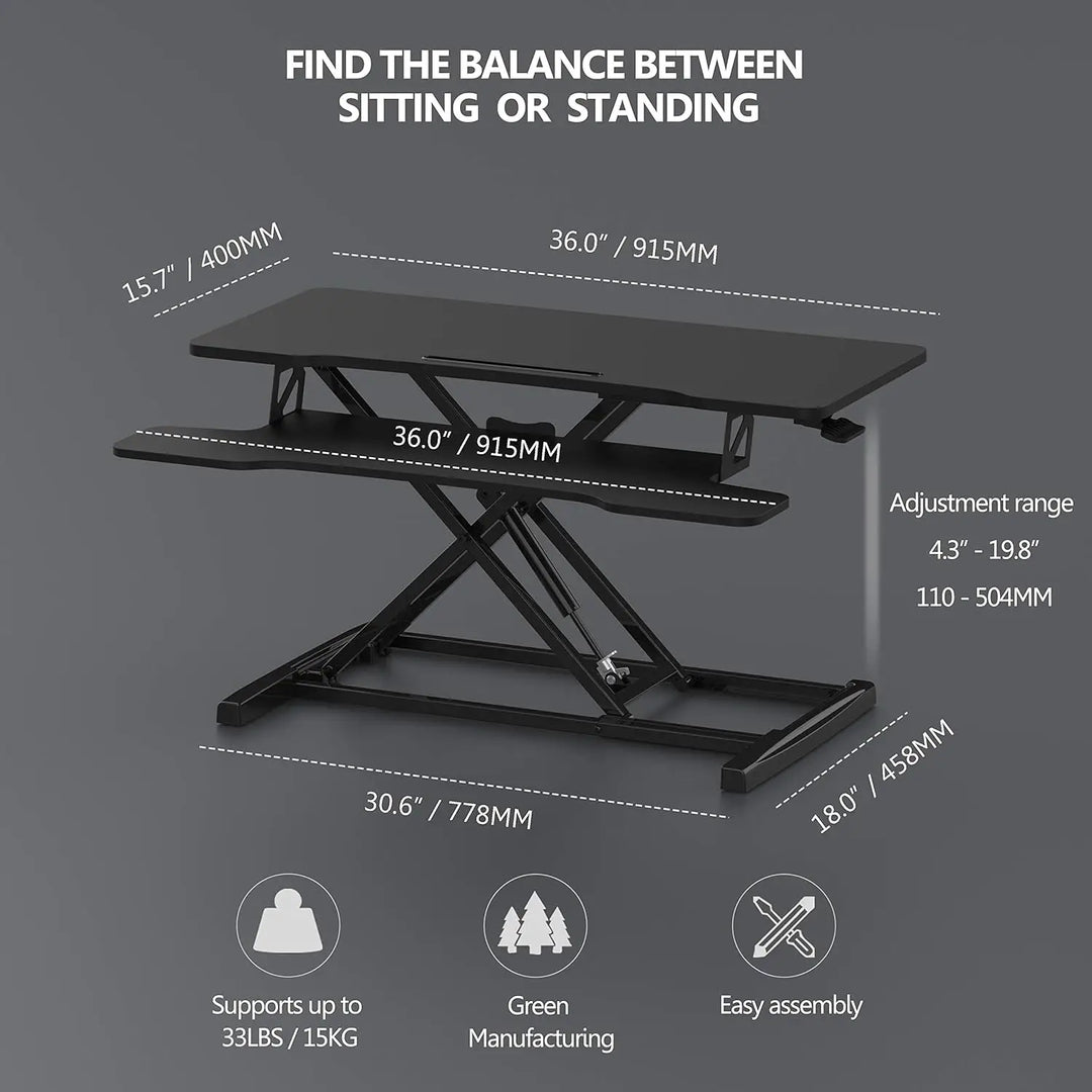 Height Adjustable Standing Desk 32” Wide Sit to Stand Converter Stand Up Desk Tabletop Workstation for Laptops Dual Monitor Riser Black SD309101WB