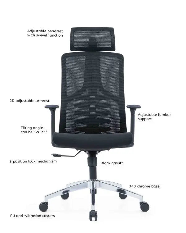 High Back Ergonomic Swivel Office Chair – Mesh Design with Adjustable Headrest & Lumbar Support