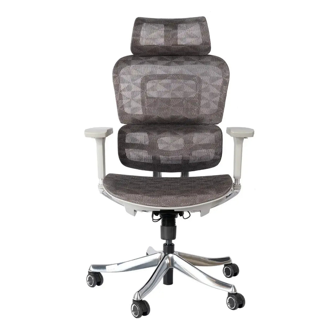 High back medicate design ergonomic office chair in gray mesh with silver metallic base and armrests for comfort and support