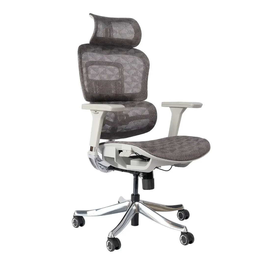 High back medicate design office chair with dark gray mesh, light gray plastic arms, and silver caster wheels