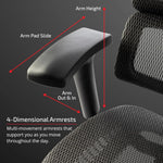 Load image into Gallery viewer, Black high back office chair armrest shown from the back with adjustable height width and depth for ergonomic support