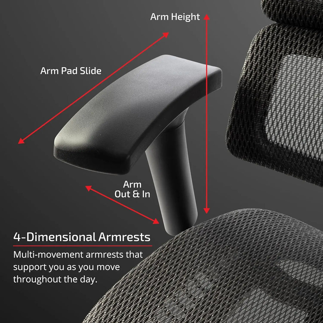 Black high back office chair armrest shown from the back with adjustable height width and depth for ergonomic support