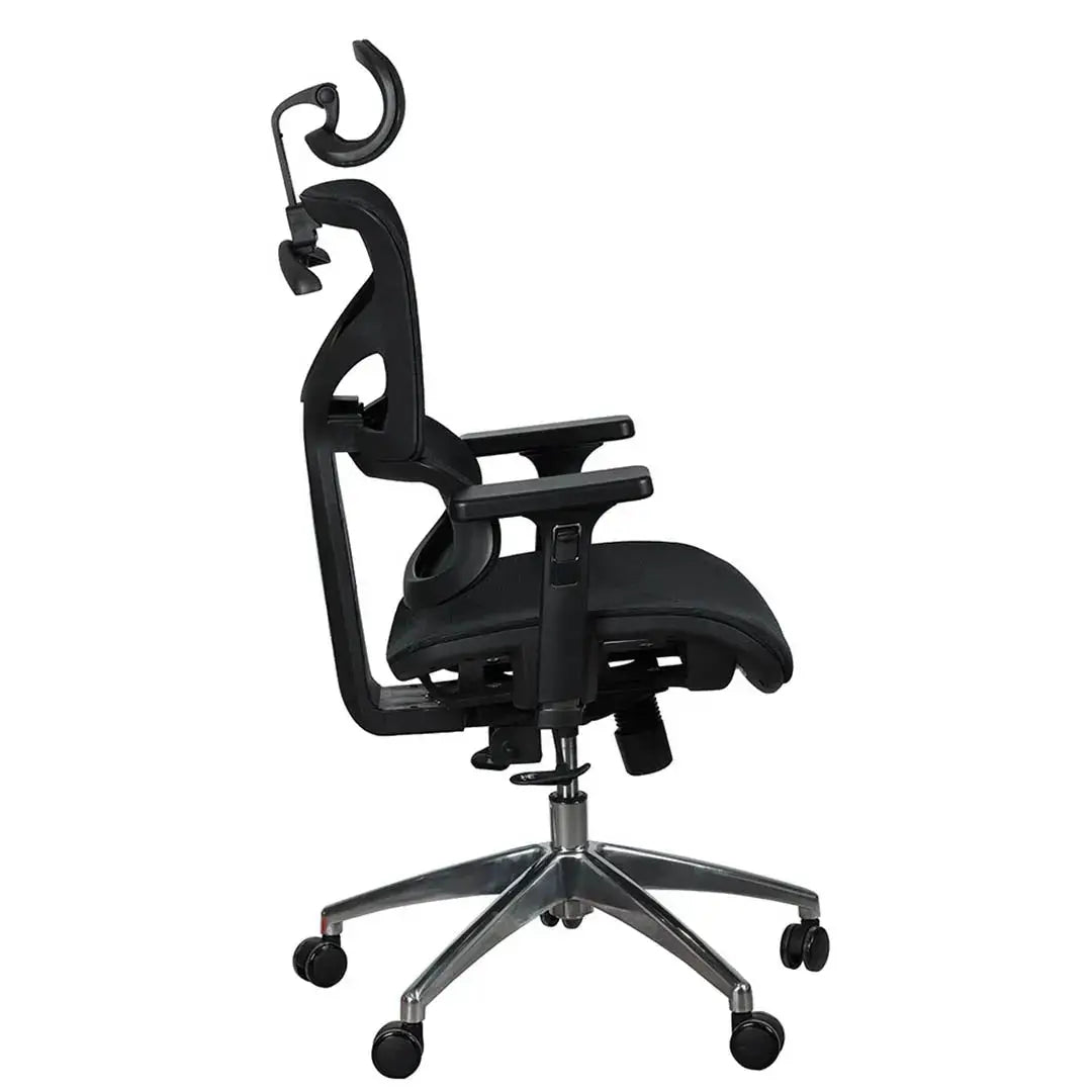 High back office chair black color with mesh back, adjustable headrest and armrests, chrome base, and black casters
