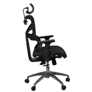 High back office chair black color with mesh back, adjustable headrest and armrests, chrome base, and black casters
