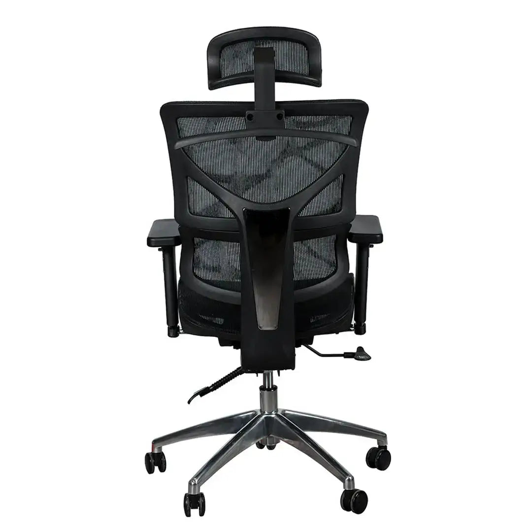 High back office chair in black mesh with adjustable headrest and chrome base for ergonomic support